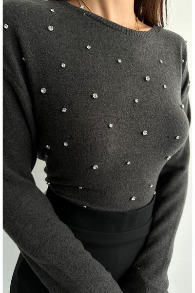 Bir Stone Embroidered Crew Neck Blouse - Anthracite