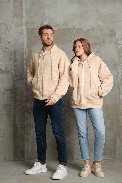 FASİON Unisex Basic Zippered Hooded Unprinted Plain 3 Thread Raised Inside Cotton Oversize Sweatshirt Cardigan