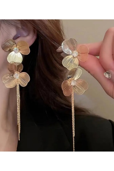 ER TAKI Gold Renkli Taşlı Uzun Şık Gösterişli Büyük Çiçekli Püskül Nişan Kına Düğün Abiye Küpe