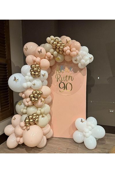 eğlencemarketi 100 and 12 Gold Butterflies - Chrome Gold Pink Blush and White Balloon Chain