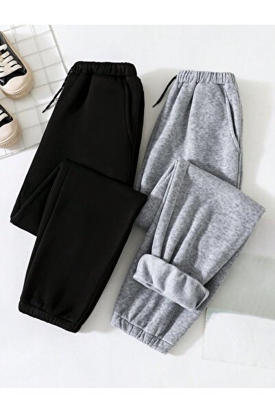THE WHITE Women's Black - Gray Cotton 3-Thread Raised Sweatpants 2-Pack