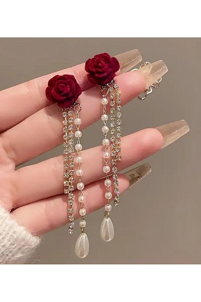 ER TAKI Gold Colored Long Jewelled and Pearl Dangled Stylish Burgundy Velvet Flower Engagement Henna Wedding Evening Dress Earrings