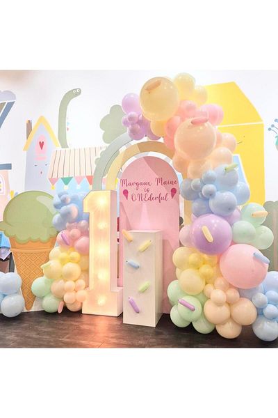 eğlencemarketi Balloon Chain in Macarons Colors 100 Pcs and 10 Pcs Sausage Balloon in Macarons Colors