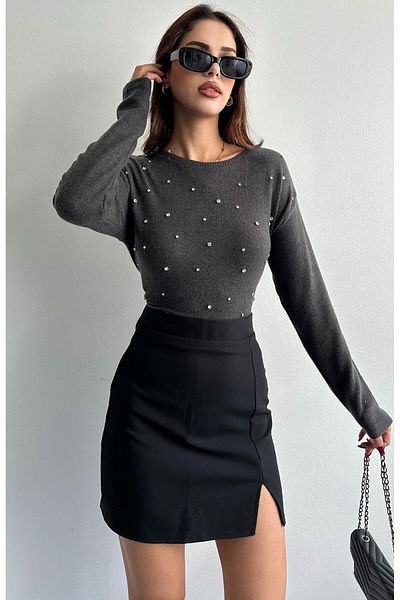 Bir Stone Embroidered Crew Neck Blouse - Anthracite