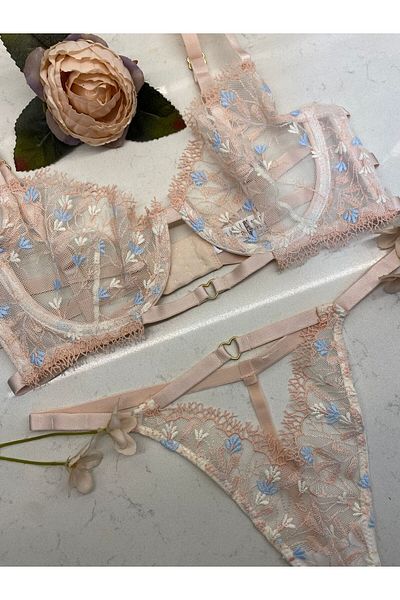 RUYAZ TEKSTİL Lace Blenli Stripe Band Detaliat Powder Set de lenjerie intimă pentru femei Set sutien