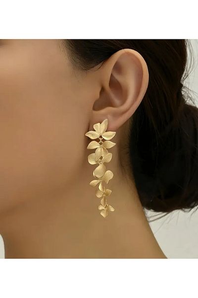 ER TAKI Gold Colored Flower Tassel Long Stylish Engagement Henna Wedding Evening Dress Earrings