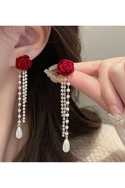 ER TAKI Gold Colored Long Jewelled and Pearl Dangled Stylish Burgundy Velvet Flower Engagement Henna Wedding Evening Dress Earrings