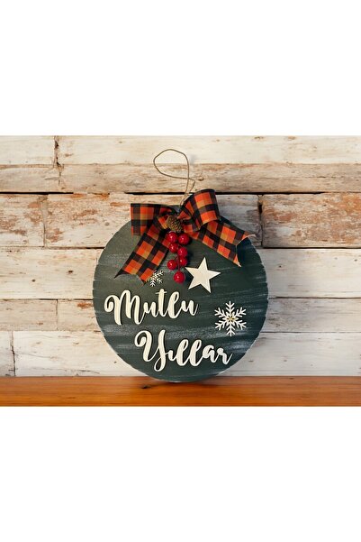 woodline Mutlu Yıllar Yılbaşı Kapı Süsü - Yeşil Ahşap, Kar Tanesi ve Yıldız F...