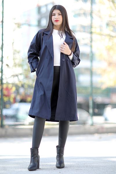 GİYSA Women's Belted Trench Coat Navy Blue Capri Sleeve Lined Pocket Buttoned - 9104