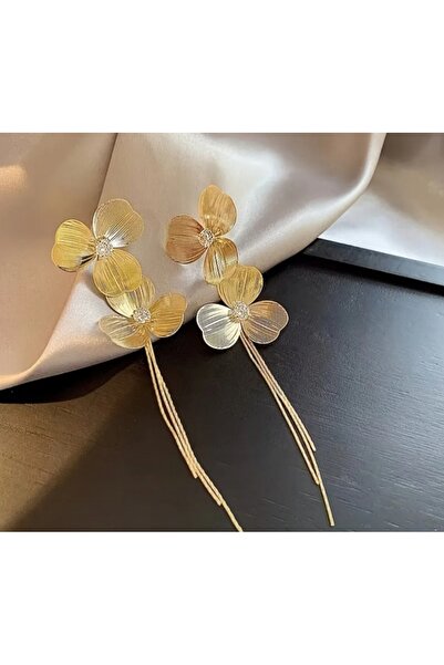 ER TAKI Gold Renkli Taşlı Uzun Şık Gösterişli Büyük Çiçekli Püskül Nişan Kına Düğün Abiye Küpe