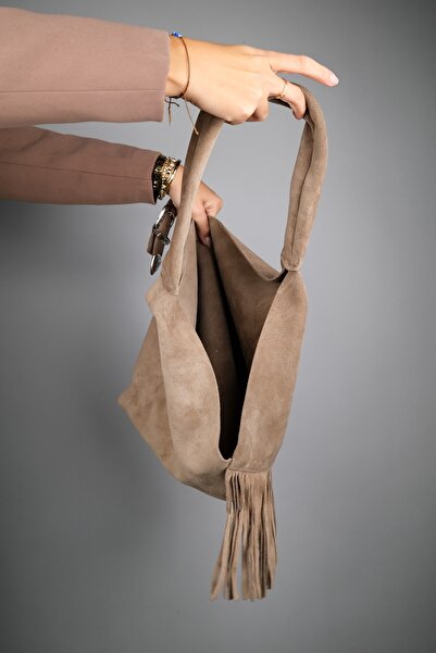 LuviShoes Rosalin Dark Beige Genuine Suede Leather Tasseled Women's Shoulder Bag