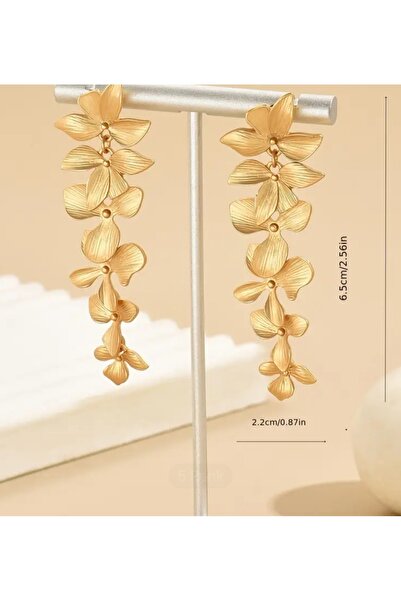 ER TAKI Gold Renkli Çiçek Püskül Uzun Şık Nişan Kına Düğün Abiye Küpe