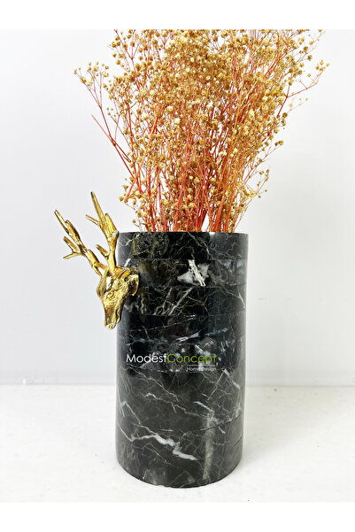 Modestmar Siyah Mermer Saksı, SiyahMermer Vazo, Kare Siyah Mermer Vazo Gold G...