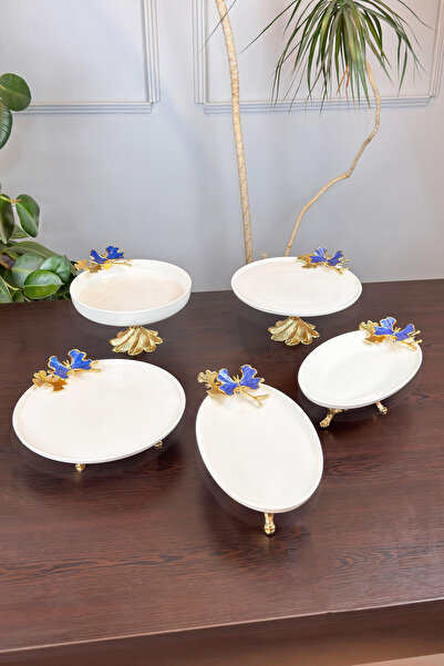 MAY HOME 5 Parça Blue Butterfly Kand Ayaklı Porselen Kase Oval Tabak Sunum Seti