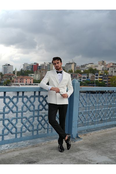 LONATOLİA Premium Men's Slim Fit Italian Style Double Breasted Tuxedos Shawl Collar Groom Suit Jacket Pants Bow Tie-White