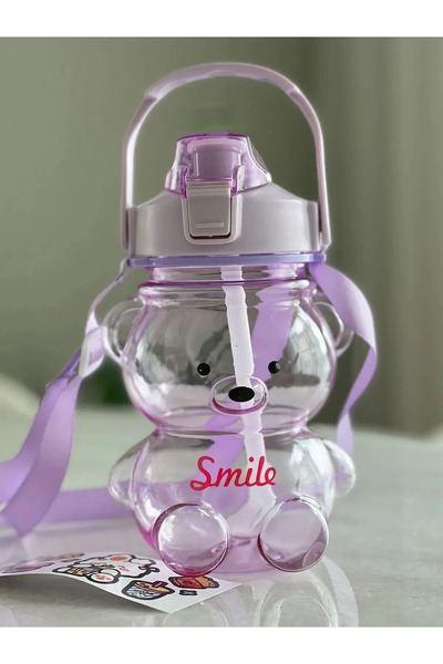 hediyeofisi 1000ml Water Bottle with Colorful Smile Teddy Bear - Tritan Bpa Free Sticker Gift