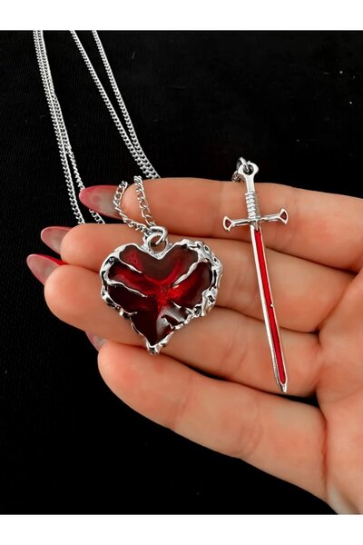 Herşey Nota Gotik Punk Kılıç Kalp 2'li Çift Kolyesi Arkadaşlık Çift Kolyesi S...