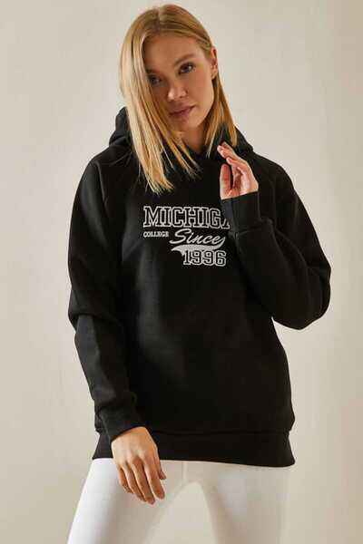 SSO Black Text Detailed Raised Hooded Sweatshirt