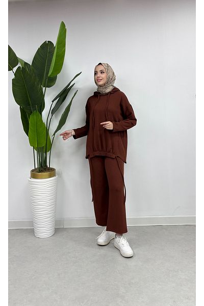 Tesettür Diyarı Women's Ribbed Hooded Double Suit - Brown