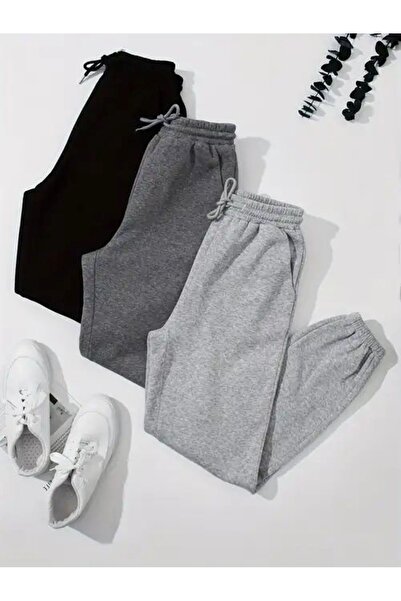 THE WHITE Unisex Gray Black Anthracite Cotton 3 Thread Raised Sweatpants 3 Pack
