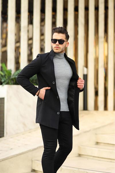 Ser Joven Ανδρικό Μαύρο παλτό γιακά με λεπτή εφαρμογή