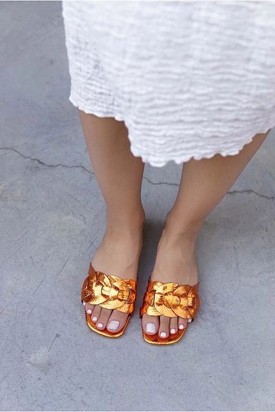 LAMİNTA Orange Snake Patterned Chain Women's Slippers