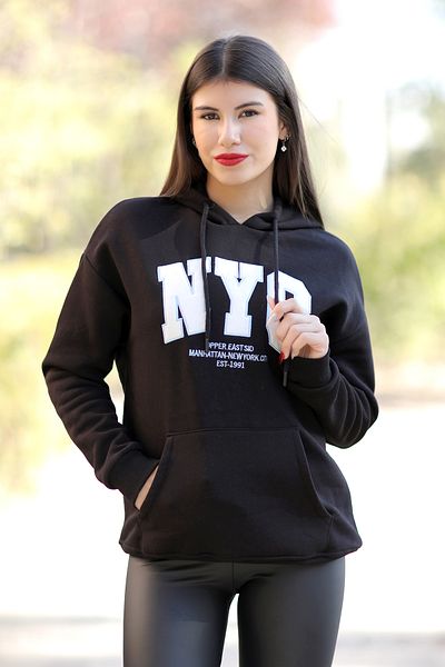 GİYSA Women's Black Embroidered Sweatshirt - Hooded, 3 Strings - 25161