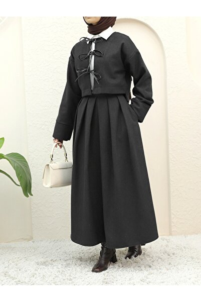 Modamorfo Pleated Skirt and Tied Front Stamp Suit - Black