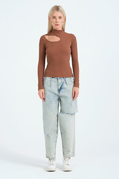 PUNKY CAT Women's Brown Cut Out Detailed Turtleneck Ribbed Knitted Blouse