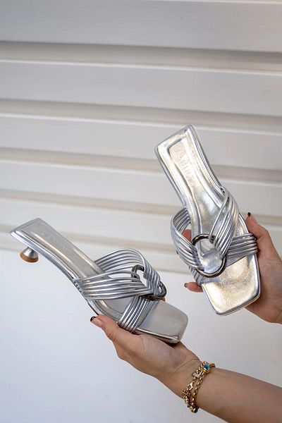 LAMİNTA 4cm Special Heeled Rosso Silver Women's Slippers - Ring Detail