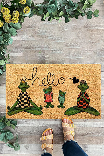 KARMAT سجادة باب أمامية منقوشة على شكل ضفدع أخضر مرحبًا