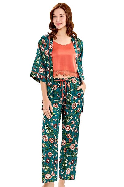 FLZ KADIN YAZLIK SATEN ÇİÇEK DESENLİ SABAHLIKLI PİJAMA TAKIM 3LÜ SET 31-22