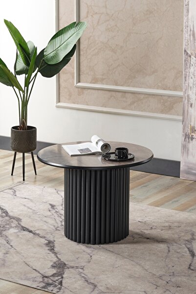 Kagu Boston Mdf Metal Orta Sehpa Gri Yuvarlak Ahşap Siyah Metal