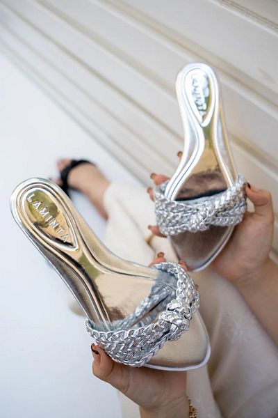 LAMİNTA Mirim Silver Women's Slippers - Knitted Detail