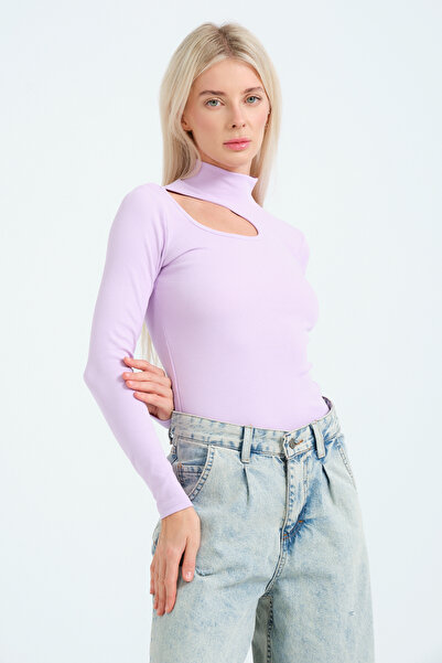 PUNKY CAT Women's Lilac Cut Out Detailed Turtleneck Ribbed Knitted Blouse