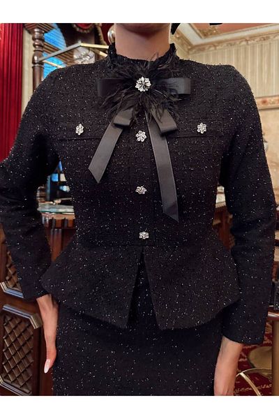 1Moda1Tarz Women's Black Imported Glitter Tweed Fabric Accessory and Stone Button Detail Lined Special Design Dress