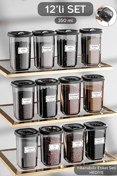 Home Miya 12-Piece Gray Spice Jar Set - Labeled and Lockable Non-Breathable Lid