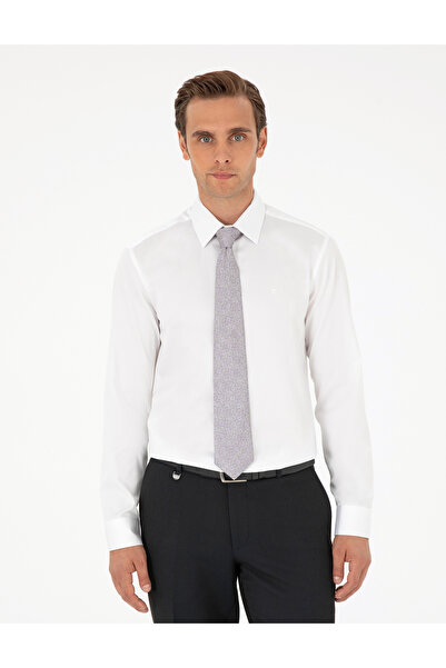 Pierre Cardin Λευκό γυαλιστερό σατέν πουκάμισο με μακριά μανίκια και στενή εφ...