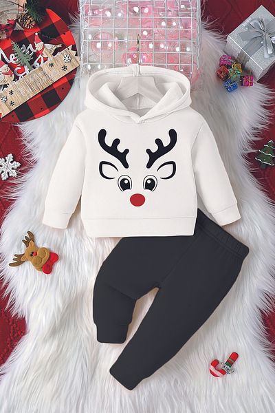 ADABEBEK Hooded Christmas Deer Face Printed 2-Piece Baby Set 23236