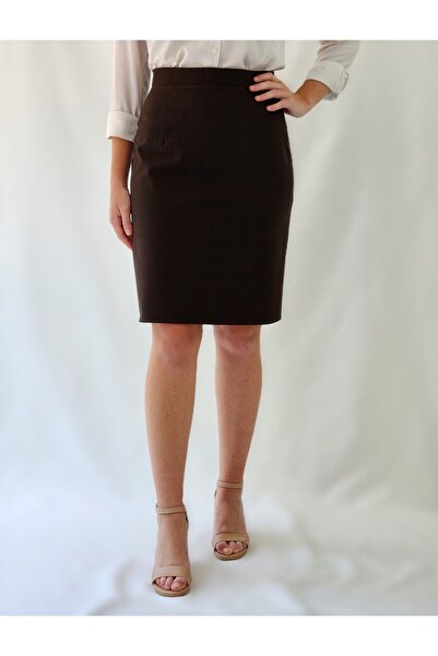 YAXİ Дамска кафява карирана тъкана пола тип молив