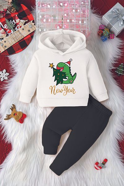 ADABEBEK Hooded New Year Written Dinosaur Printed 2-Piece Baby Set 23231