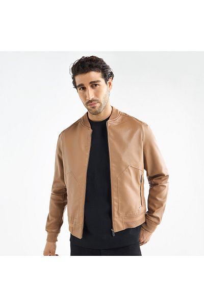 FAV Textured Bomber Jacket With Zip Closure And Pockets