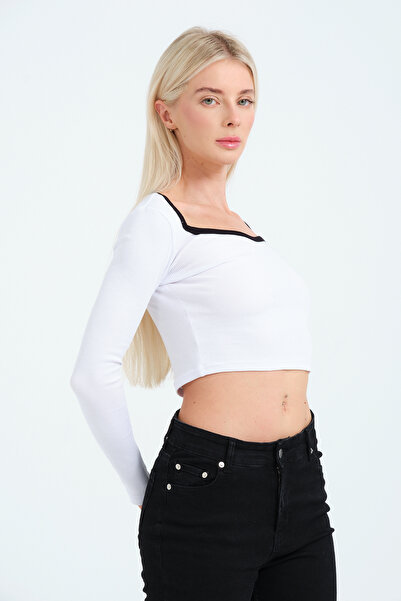 PUNKY CAT Жіноча біла блузка з глибоким квадратним вирізом, довгими рукавами, кольоровими деталями на комірі, кроп-топ