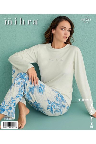 Mihra 14102-1 White Blue Floral Thermal Pajama Set