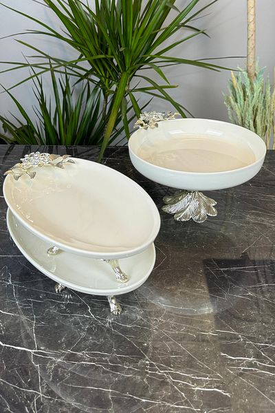 MAY HOME Bron 3-Piece Silver Porcelain Footed Bowl and Plate Presentation Set