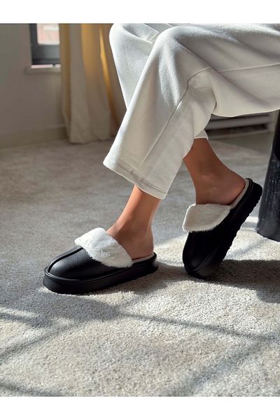 NİŞANTAŞI SHOES Akali Damen-Hausschuhe mit schwarzem, mattem Fell innen und flacher Sohle