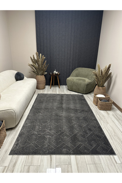 Merinos Rölyef Halı Kaymaz Tabanlı Yıkanabilir Antrasit Çizgili Salon Mutfak ...