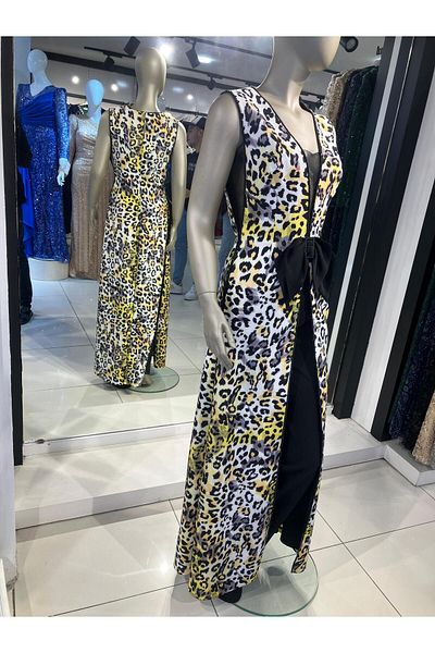 Robes Salopetă elegantă de seară cu decolteu în V cu imprimeu leopard și detaliu cu fundă