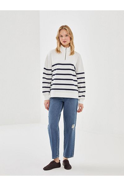 LC Waikiki Lw - Stand Collar Striped Oversize Women's Thick Sweatshirt