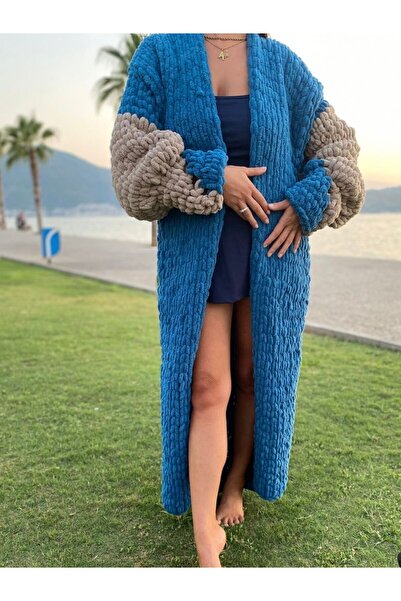 Honies Mavi El Örgüsü Uzun Hırka